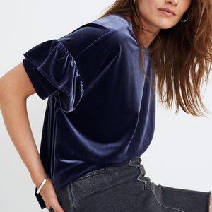 Madewell Blue Velvet ruffle sleeve top